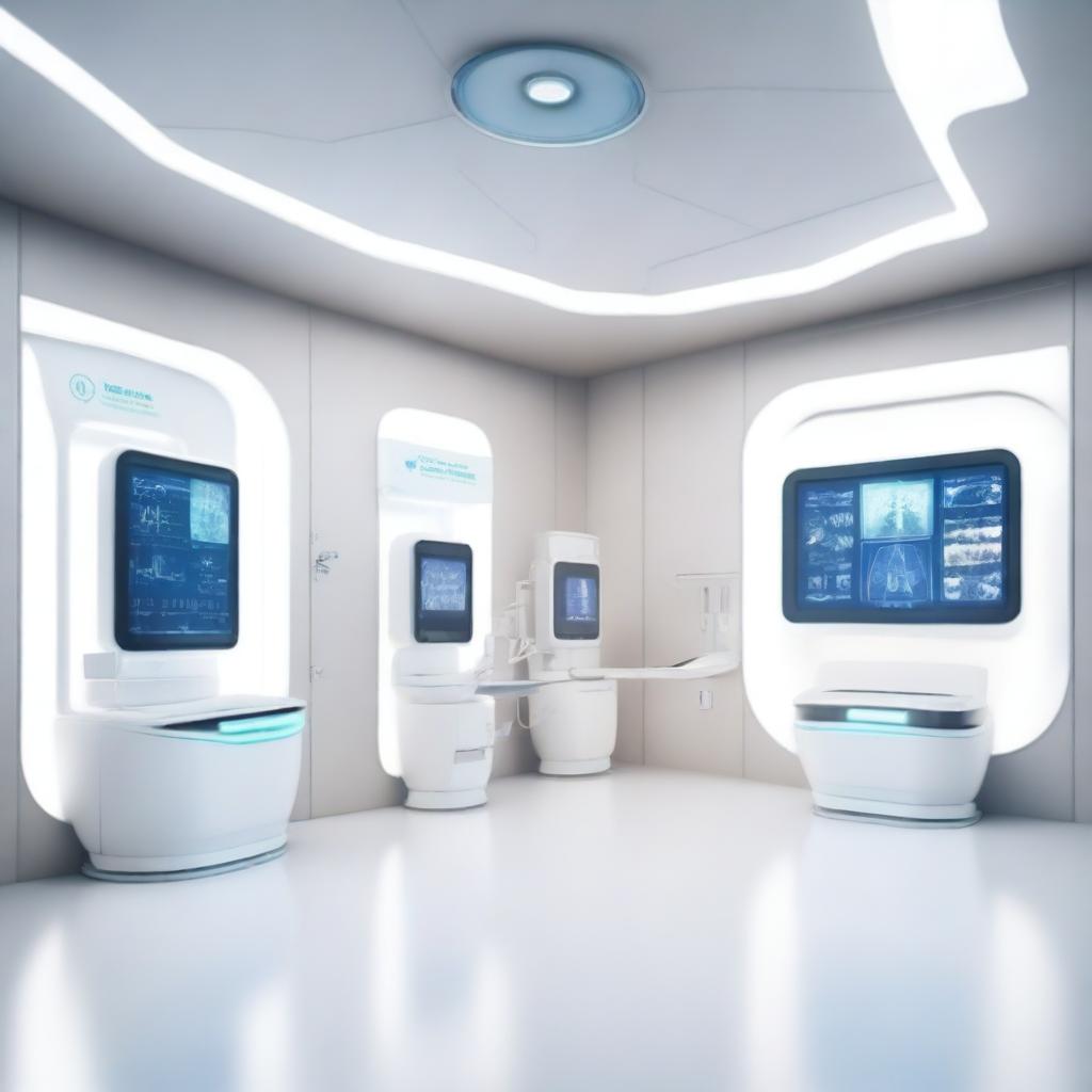 A photorealistic 3D image of an AI-powered digital healthcare clinic, featuring cutting-edge technology and futuristic design