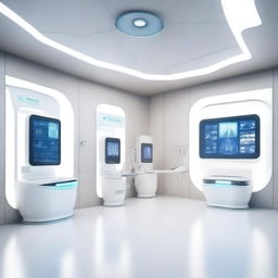 A photorealistic 3D image of an AI-powered digital healthcare clinic, featuring cutting-edge technology and futuristic design