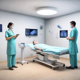 A photorealistic 3D image showcasing an AI-powered digital healthcare environment, including doctors and patients in a remote telecare setting