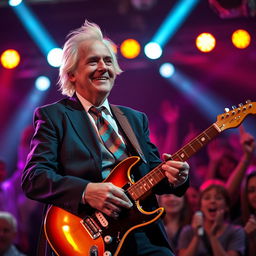 A whimsical portrayal of a charismatic older man with distinctive blonde hair and a confident expression, playing an electric guitar on stage