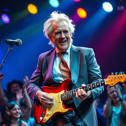A whimsical portrayal of a charismatic older man with distinctive blonde hair and a confident expression, playing an electric guitar on stage