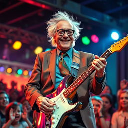 A whimsical portrayal of a charismatic older man with distinctive blonde hair and a confident expression, playing an electric guitar on stage