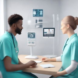 A photorealistic 3D image showcasing an AI-powered digital healthcare environment, including doctors and patients in a remote telecare setting