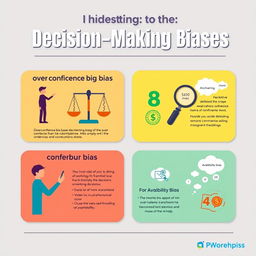 An educational infographic focusing on decision-making biases, specifically overconfidence bias, anchoring bias, confirmation bias, and availability bias
