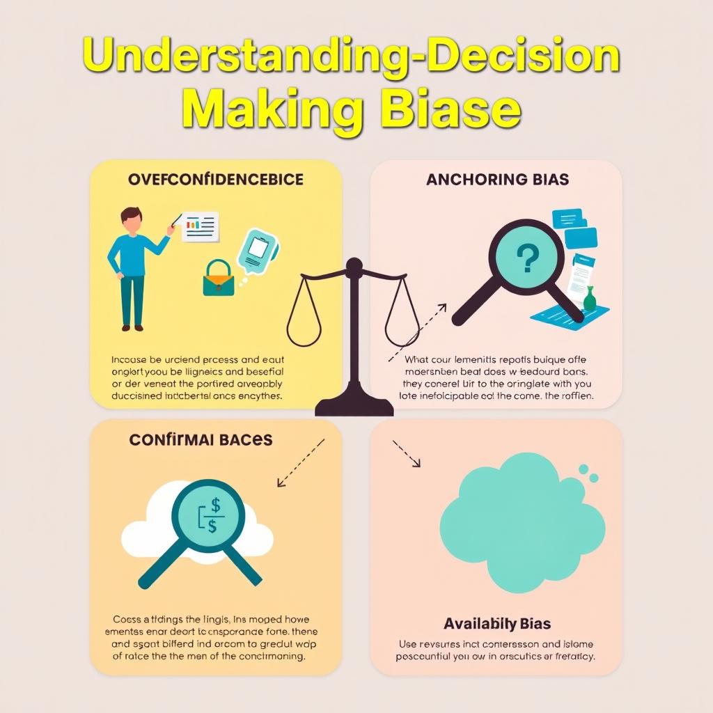 An educational infographic focusing on decision-making biases, specifically overconfidence bias, anchoring bias, confirmation bias, and availability bias
