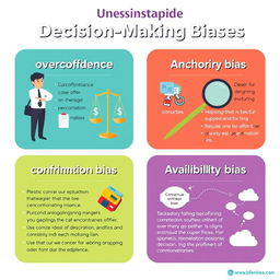 An educational infographic focusing on decision-making biases, specifically overconfidence bias, anchoring bias, confirmation bias, and availability bias