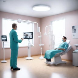 A photorealistic 3D image showcasing an AI-powered digital healthcare environment, including doctors and patients in a remote telecare setting