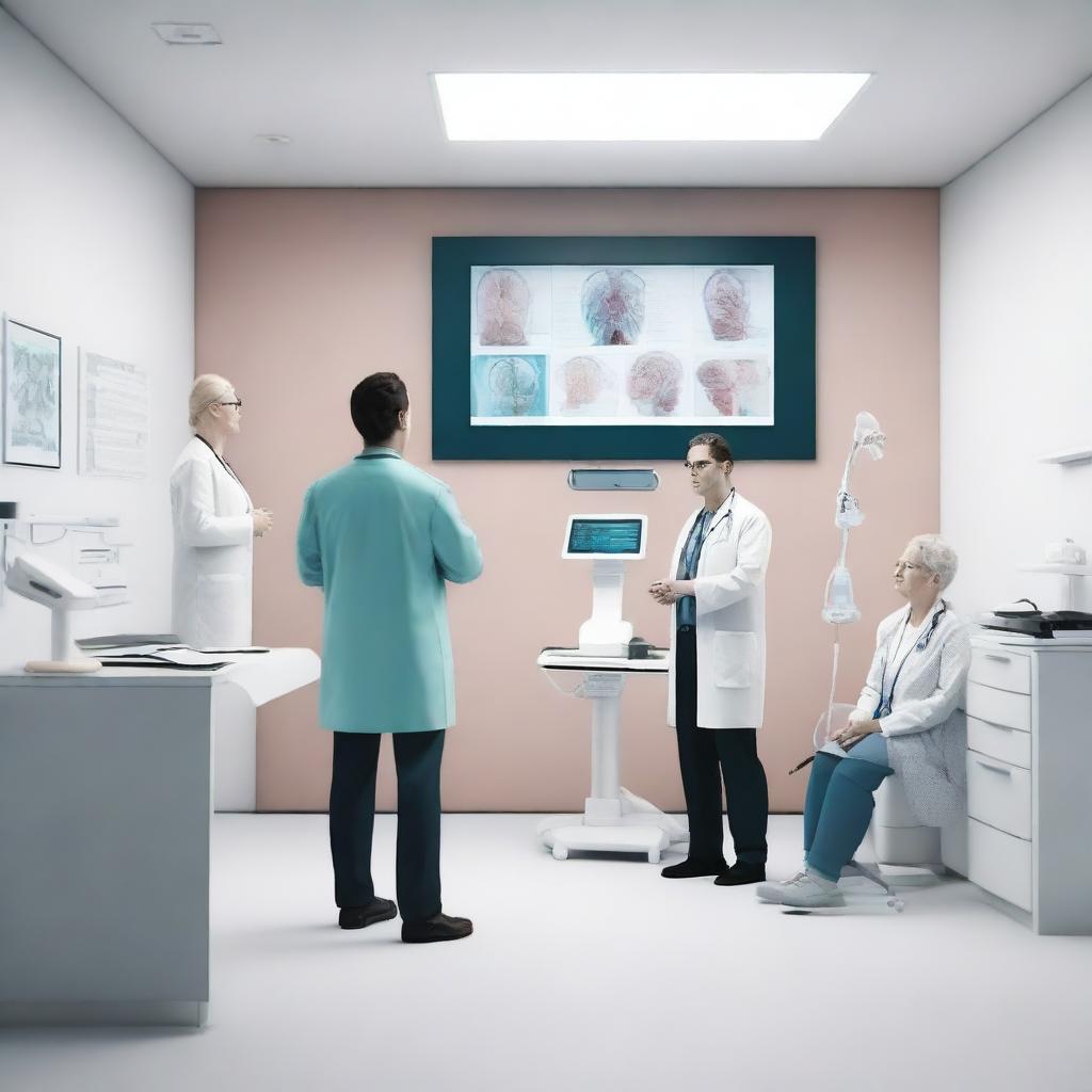 A photorealistic 3D image showcasing an AI-powered digital healthcare environment, including doctors and patients in a remote telecare setting