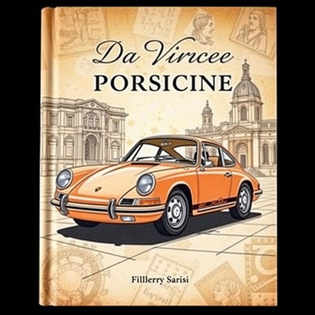 A stunning book cover design featuring a Da Vinci style illustration of a classic Porsche 911 car