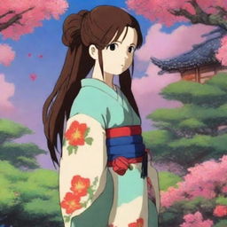 A charming anime-style female character, styled as a waifu, dressed in a colorful kimono with her hair styled in intricate braids, standing amidst a serene and beautifully crafted Japanese garden at dusk