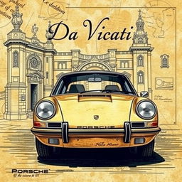 A stunning book cover design featuring a Da Vinci style illustration of a classic Porsche 911 car