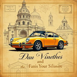 A stunning book cover design featuring a Da Vinci style illustration of a classic Porsche 911 car