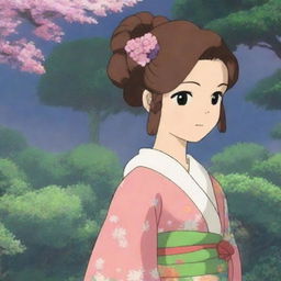 A charming anime-style female character, styled as a waifu, dressed in a colorful kimono with her hair styled in intricate braids, standing amidst a serene and beautifully crafted Japanese garden at dusk