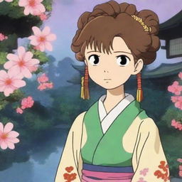 A charming anime-style female character, styled as a waifu, dressed in a colorful kimono with her hair styled in intricate braids, standing amidst a serene and beautifully crafted Japanese garden at dusk