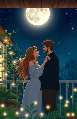 A romantic scene between two neighbors, sharing a tender moment under a starry night sky