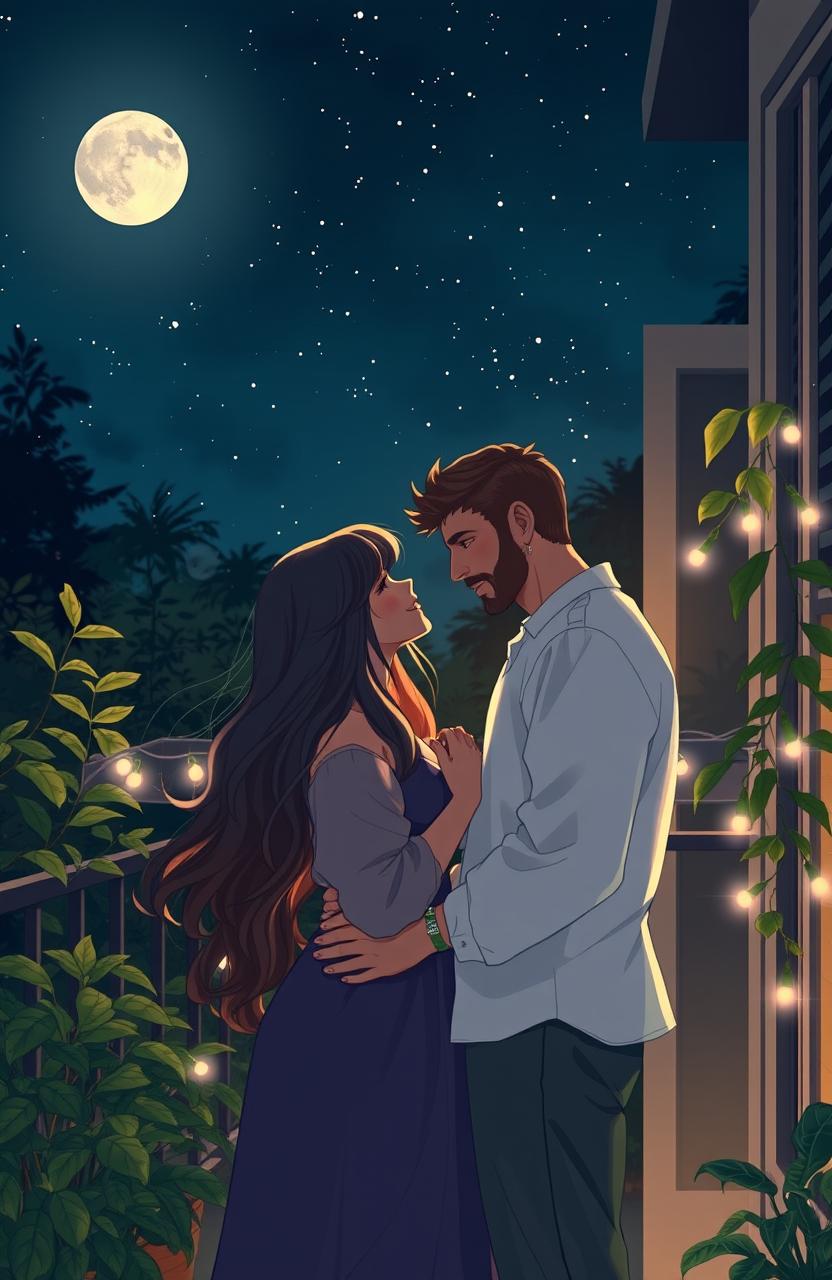 A romantic scene between two neighbors, sharing a tender moment under a starry night sky