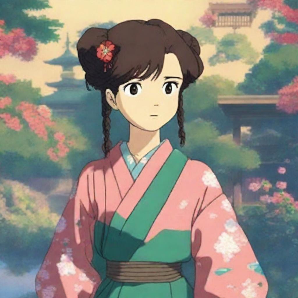 A charming anime-style female character, styled as a waifu, dressed in a colorful kimono with her hair styled in intricate braids, standing amidst a serene and beautifully crafted Japanese garden at dusk