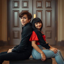 A romantic image of two people sitting back to back, supporting each other with their backs while sharing a smile