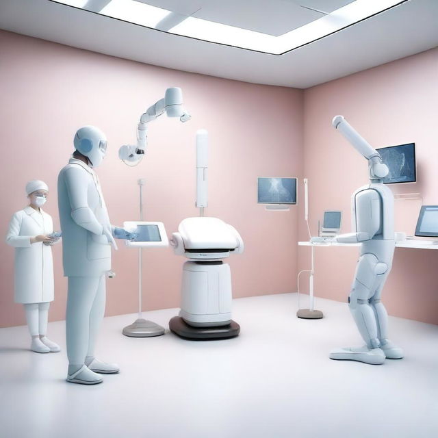 A photorealistic 3D image presenting an AI-powered digital healthcare clinic with patients, a doctor, and nurse care robots performing medical procedures