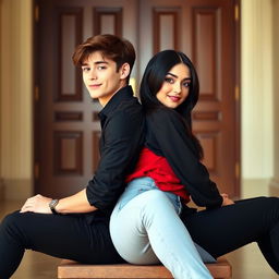 A romantic image of two people sitting back to back, supporting each other with their backs while sharing a smile