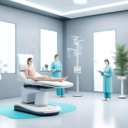 A photorealistic 3D image presenting an AI-powered digital healthcare clinic with patients, a doctor, and nurse care robots performing medical procedures