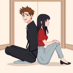 A minimalist digital illustration of a romantic scene featuring two people sitting back to back, supporting each other with their backs while smiling