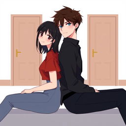 A minimalist digital illustration of a romantic scene featuring two people sitting back to back, supporting each other with their backs while smiling