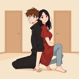 A minimalist digital illustration of a romantic scene featuring two people sitting back to back, supporting each other with their backs while smiling