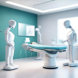 A photorealistic 3D image presenting an AI-powered digital healthcare clinic with patients, a doctor, and nurse care robots performing medical procedures