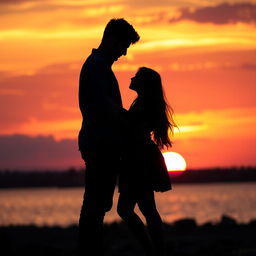 A romantic silhouette of a youthful couple during sunset, capturing the essence of love and connection