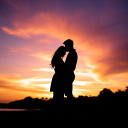 A romantic silhouette of a youthful couple during sunset, capturing the essence of love and connection