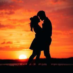 A romantic silhouette of a youthful couple during sunset, capturing the essence of love and connection