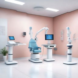 A photorealistic 3D image presenting an AI-powered digital healthcare clinic with patients, a doctor, and nurse care robots performing medical procedures