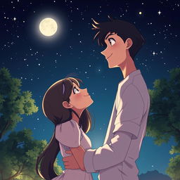 A romantic scene titled 'Silent Love': A heartfelt embrace under a starry night sky