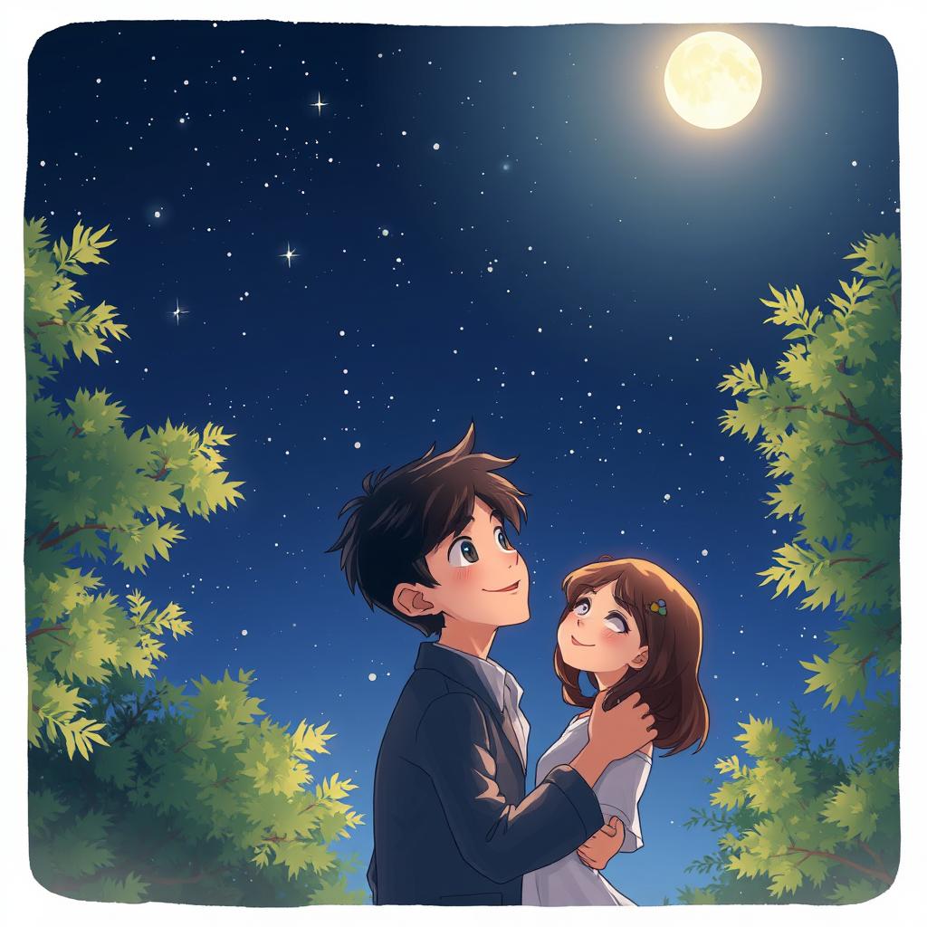 A romantic scene titled 'Silent Love': A heartfelt embrace under a starry night sky