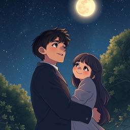 A romantic scene titled 'Silent Love': A heartfelt embrace under a starry night sky