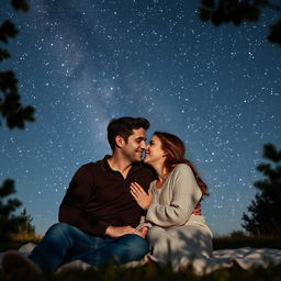 A romantic scene titled 'Romance Under the Stars': Chris and his partner share a tender moment under a breathtaking starry night sky