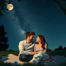 A romantic scene titled 'Romance Under the Stars': Chris and his partner share a tender moment under a breathtaking starry night sky