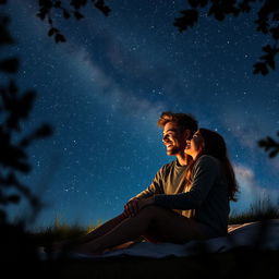 A romantic scene titled 'Romance Under the Stars': Chris and his partner share a tender moment under a breathtaking starry night sky