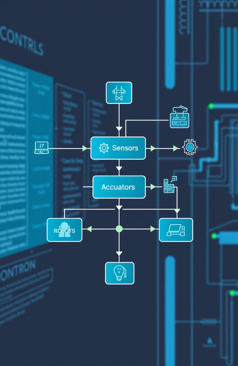 An illustration depicting the concept of control systems in engineering, featuring a flowchart with elements like sensors, controllers, and actuators