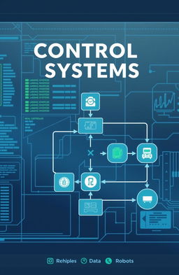 An illustration depicting the concept of control systems in engineering, featuring a flowchart with elements like sensors, controllers, and actuators