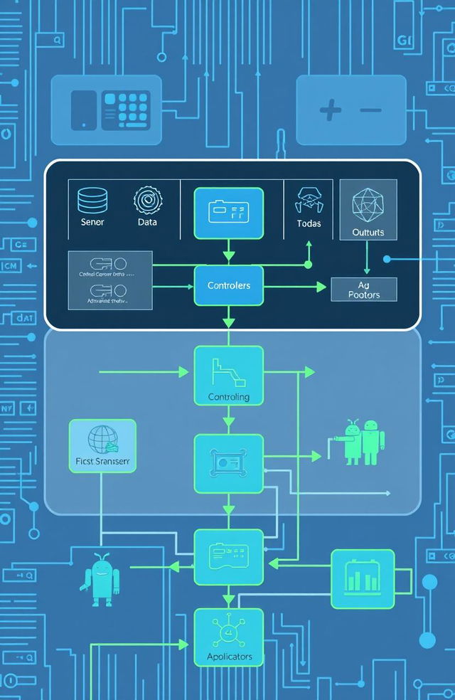 An illustration depicting the concept of control systems in engineering, featuring a flowchart with elements like sensors, controllers, and actuators