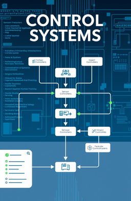 An illustration depicting the concept of control systems in engineering, featuring a flowchart with elements like sensors, controllers, and actuators