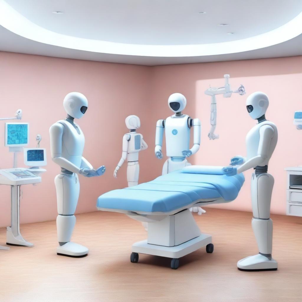 A photorealistic 3D image portraying AI-powered digital healthcare clinic, with patients, a doctor, and nurse care robots conducting an operation on a patient