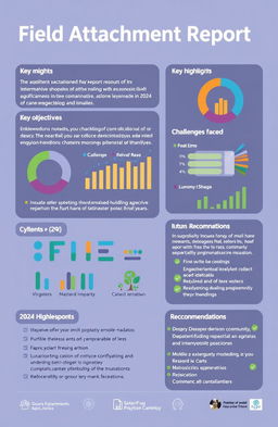 A visually engaging and informative field attachment report for the year 2024, featuring sections on key highlights, objectives achieved, challenges faced, and future recommendations