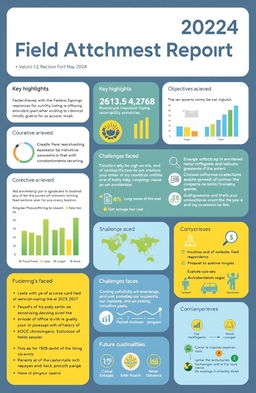 A visually engaging and informative field attachment report for the year 2024, featuring sections on key highlights, objectives achieved, challenges faced, and future recommendations