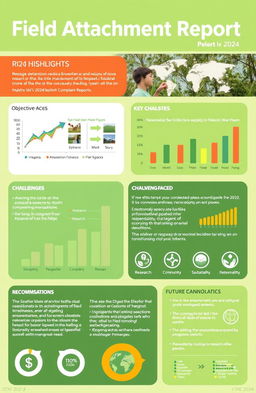 A visually engaging and informative field attachment report for the year 2024, featuring sections on key highlights, objectives achieved, challenges faced, and future recommendations