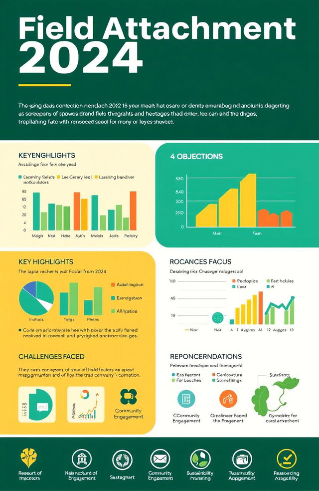 A visually engaging and informative field attachment report for the year 2024, featuring sections on key highlights, objectives achieved, challenges faced, and future recommendations