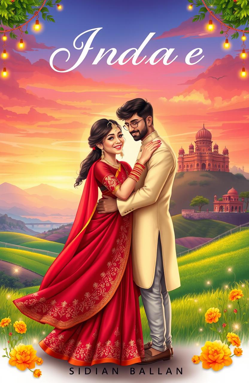 A beautifully illustrated cover for an Indian romance novel featuring a charming couple embracing each other in a picturesque setting