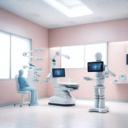 A photorealistic 3D image portraying AI-powered digital healthcare clinic, with patients, a doctor, and nurse care robots conducting an operation on a patient